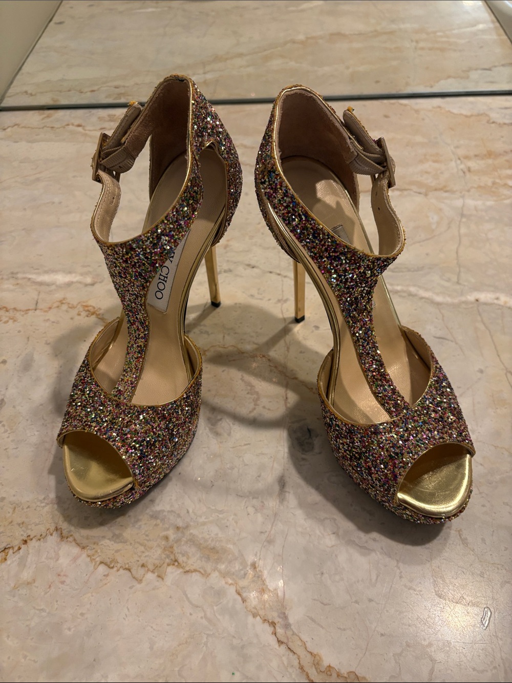 Jimmy Choo Gold Multicolor Glitter Totem T-Strap Stiletto Heels. SZ 36/US6.